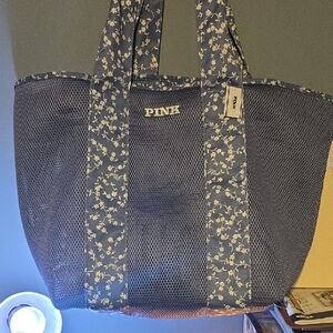 PINK Victoria's Secret Blue Floral Mesh Tote Bag
